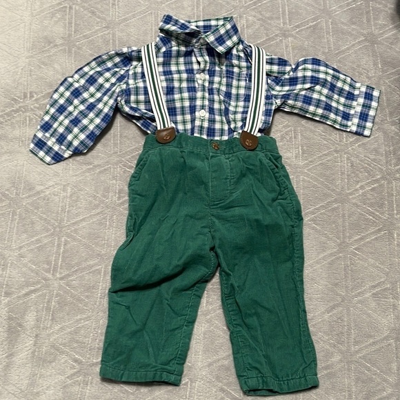 Janie And Jack Corduroy Suspender Pant & Plaid Bodysuit Set